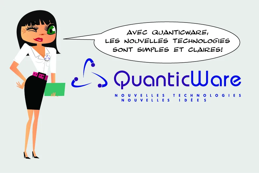 Anita, la mascotte de QuanticWare, présente le logo : « Avec QuanticWare, les nouvelles technologies sont simples et claires ! »