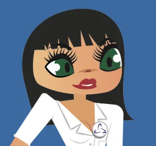 Portrait d'Anita, la mascotte de QuanticWare, en chemisier blanc avec le badge au logo de l'entreprise.