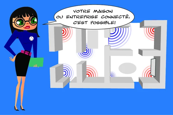 Anita présente le plan d'une maison équipée de capteurs : « Votre maison ou entreprise connectée, c'est possible ! »