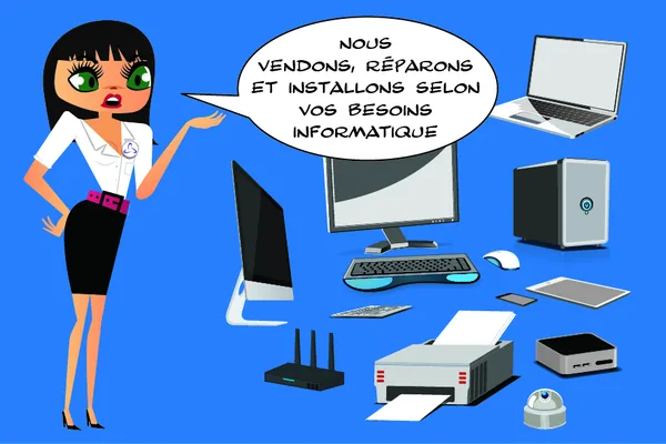 Anita entourée d'ordinateurs, d'une imprimante et d'un routeur : « Nous vendons, réparons et installons selon vos besoins informatiques. »