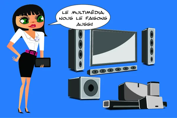 Anita devant un téléviseur, des enceintes et un caisson de basses : « Le multimédia, nous le faisons aussi ! »